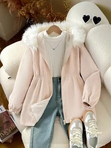 SHEIN 秋冬款青少年女孩宽松休闲简约舒适连帽羊毛夹克 - 卡其色 - 查看 2