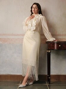 Anewsta 大码女式优雅圣诞派对 PU 皮革串珠流苏修身直筒裙 - 杏色 - 查看 3