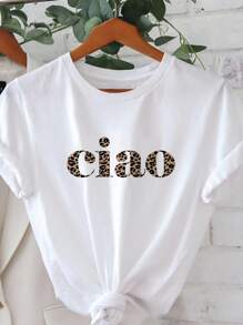 SHEIN Essnce Ciao T 恤、Ciao 衬衫、Ciao 意大利衬衫、Ciao 女士或中性时尚 T 恤、女士休闲简约 CIAO 宽松圆领短袖 T 恤、略微透明夏季