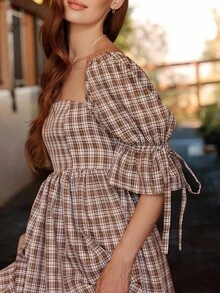 WESTFADE 格子方领泡泡袖蝴蝶结后背层叠荷叶边中长连衣裙秋季女式乡村音乐会服装 - 咖啡棕 - 查看 4