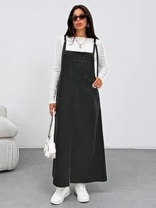 EURMUSE WOMEN LONG DENIM DRESS POCKET AND SLIT DETAIL - Black - View 4