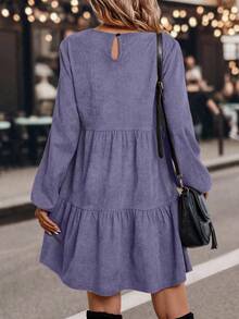 SHEIN LUNE Elegant Vintage Solid Color Ruffle Hem Long Sleeve Dress Fall Cloth For Women - Purple - View 2