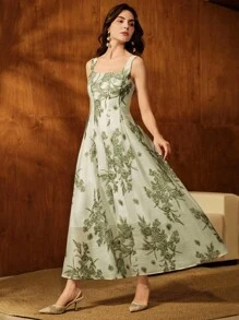 Anewsta Elegant Patchwork Cinched Waist Sleeveless Printed Dress For Women - Green - View 6