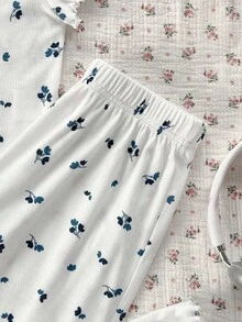 2 件套青少年女童睡衣套装，小碎花圆领短袖上衣和柔软舒适的罗纹裤，带荷叶边下摆 - 彩色 - 查看 8