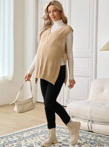 SHEIN Maternity Casual Solid Color Side Slit Knit Vest - Khaki - View 5