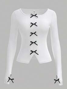 SHEIN Áo thun dài tay cổ tròn màu trơn cho nữ tuổi teen, tay raglan, phối nơ tương phản, kiểu dáng thường ngày, thích hợp cho kỳ nghỉ, mùa xuân/hè, năm mới/trở lại trường/ngày đầu tiên đi học. - trắng - Xem 2