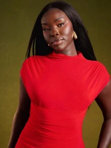 NYA SZN 红色褶饰立领超长连衣裙，带短袖，适合工作、婚礼宾客、节日派对和正式活动 - 紅色 - 查看 6