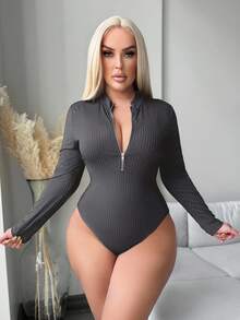 SHEIN SXY 大码女式舒适休闲长袖拉链连体衣，秋冬 - 深灰色 - 查看 1