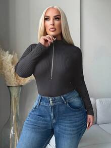 SHEIN SXY 大码女式舒适休闲长袖拉链连体衣，秋冬 - 深灰色 - 查看 7