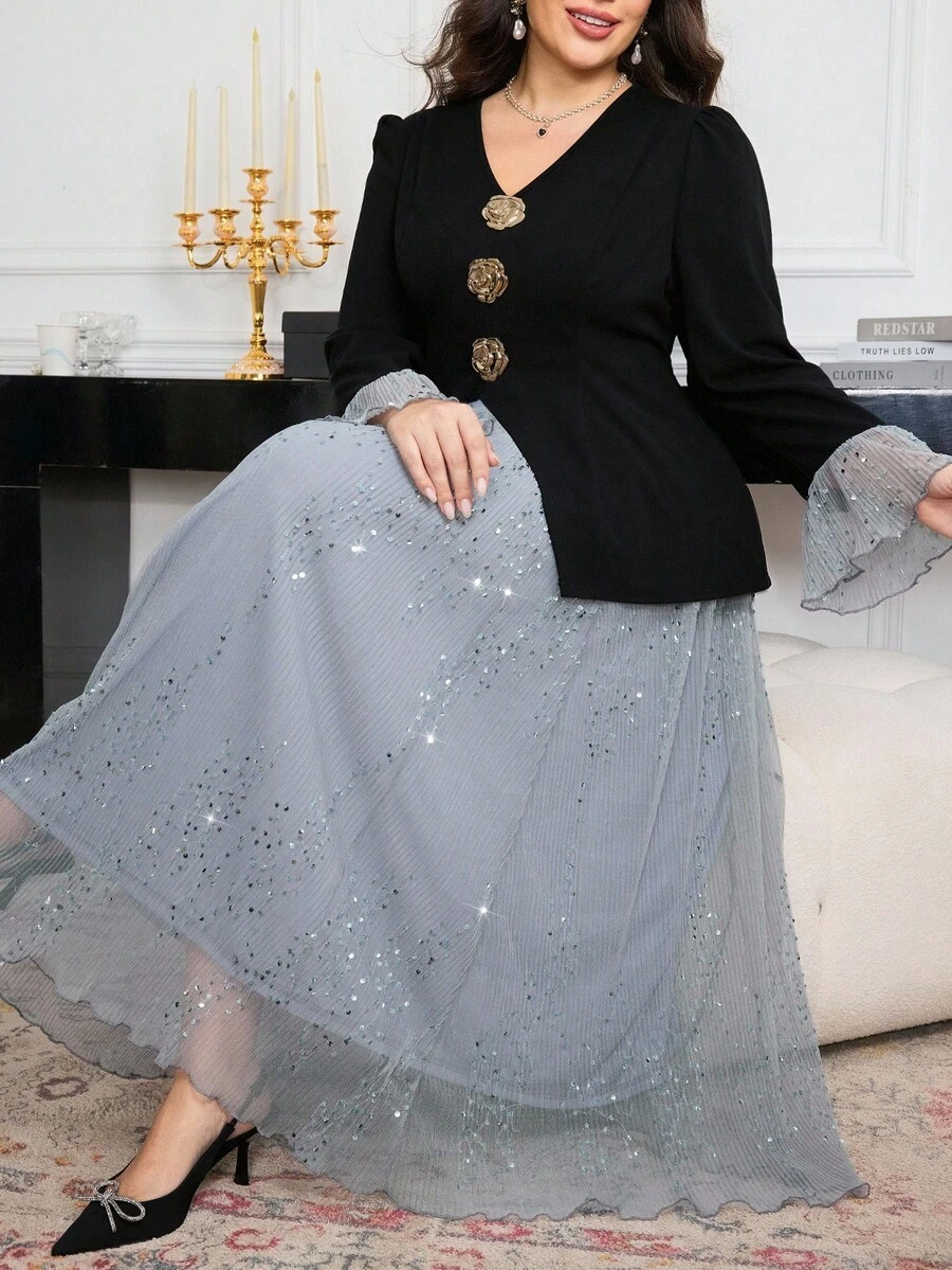 Modelyn 大码亮片装饰长袖上衣和裙子两件套 - 黑色 - 查看 1