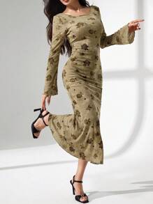 Modelyn 女士优雅玫瑰提花系带针织中长连衣裙，长袖，圆领 - 棕色 - 查看 4