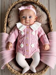 SHEIN Vintaside Kids 1pc Fashionable Peter Pan Collar Baby Knitted Bodysuit, With 3D Floral Decoration, Long Sleeve One-Piece Triangle Bodysuit, Sweet Princess Style For Baby Girl Knit Sweater Baby Girl Cardigan Sweater Baby Girl Knitted Outfits Baby Girl Sweater Bodysuit Baby Girl Cable Knit Sweater Fall Baby Girl Clothes Winter Outfit For Baby Girl Autumn Clothes Autumn Clothes  Winter Clothes Baby Autumn Sweater Clothes - Baby Pink - View 3