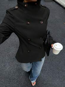 Muchica Women's Woven Solid Color Double-Breasted Casual Long Sleeve Trench Coat, Autumn,Fall - Black - View 1