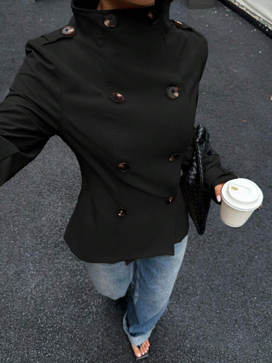 Muchica Women's Woven Solid Color Double-Breasted Casual Long Sleeve Trench Coat, Autumn,Fall - Black - View 1