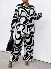 SHEIN LUNE 大尺碼拼色襯衫褲套裝 - 彩色 - 查看 4