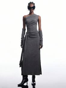 LYSMO 女士优雅纯色不对称领口连衣裙 - 摩卡棕 - 查看 3