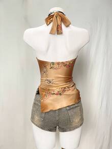 EgrlEra Women Summer Vacation Style Floral Print Ruched Asymmetrical Hem Open Back Fitted Halter Blouse - Coffee Brown - View 2