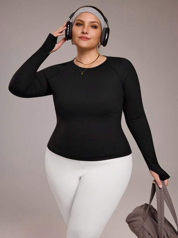 Rhythm Era Camiseta deportiva casual de manga larga con cuello redondo y agujero para el pulgar, para mujer talla grande, para uso diario y temporada de otoño/invierno