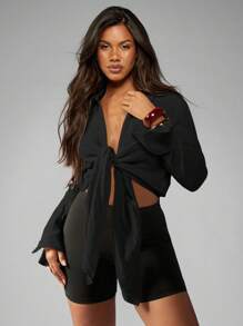 MISSGUIDED 长袖系带衬衫纽扣衬衫优雅专业 V 领办公室工作休闲雪纺秋冬裹身上衣 - 黑色 - 查看 1