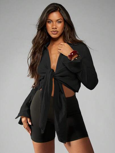 MISSGUIDED Long Sleeve Tie Front Shirt Button Down Blouse Elegant Professional V Neck Office Work Casual Chiffon Fall Winter Wrap Top