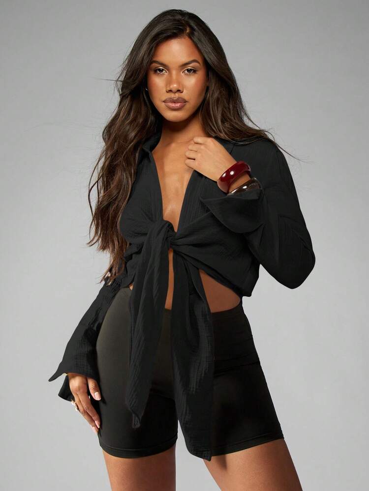 MISSGUIDED Long Sleeve Tie Front Shirt Button Down Blouse Elegant Professional V Neck Office Work Casual Chiffon Fall Winter Wrap Top