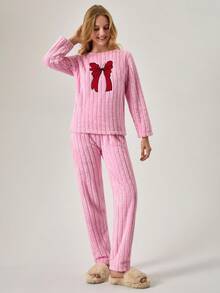 Loomlin 女士毛绒泰迪熊两件套蝴蝶结刺绣细节长袖衬衫和睡裤家居服睡衣套装 - 粉色 - 查看 3