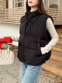 SHEIN Teenager Mädchen schwarze einfarbige lose warme Wattierte Weste, vielseitige Wattierte Jacke, Schulanfang Winter Wattierte Weste - Schwarz - Übersicht 4