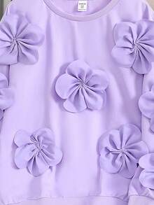 SHEIN 青少年女孩宽松休闲简约舒适圆领套头衫，带有 3D 花卉装饰 - 紫色 - 查看 3