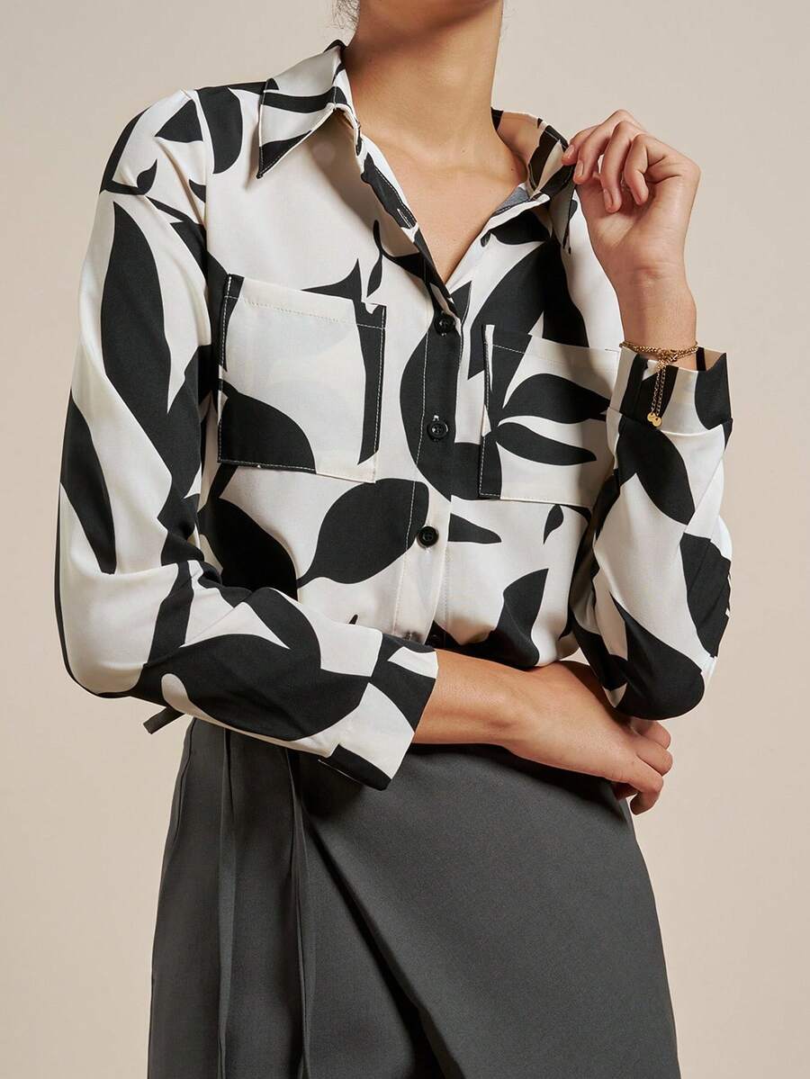 Airaco 休闲领口袋修身白色长袖女式衬衫 - 杏色 - 查看 1