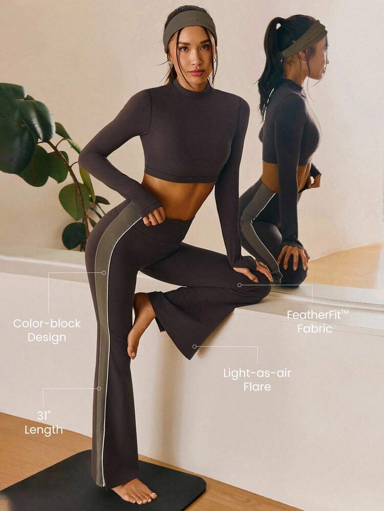 31" FeatherFit™ Contrasting Side Stripe Split Hem Flare Leggings Low Impact Yoga Pilates Studio Daily Casual Wear  Spring Summer