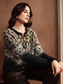 Anewsta Women's Casual Short Rhinestone Leopard Print Knit Cardigan - Multicolor - View 6