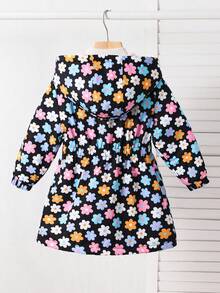 SHEIN 女童休闲百搭秋冬连帽中长款羽绒服，花卉图案保暖连帽羽绒服，秋冬羽绒服，长袖外套，连帽外套，女童冬季外套，女童冬季外套，花卉图案外套，女童保暖外套，女童连帽冬季外套，花卉图案外套，冬季外套，女童秋季 - 黑色 - 查看 4