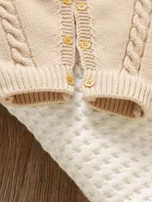 SHEIN 1 件粉色荷叶边吊带连体裤，精致刺绣连体裤，女婴针织，时尚甜美装 - 杏色 - 查看 6