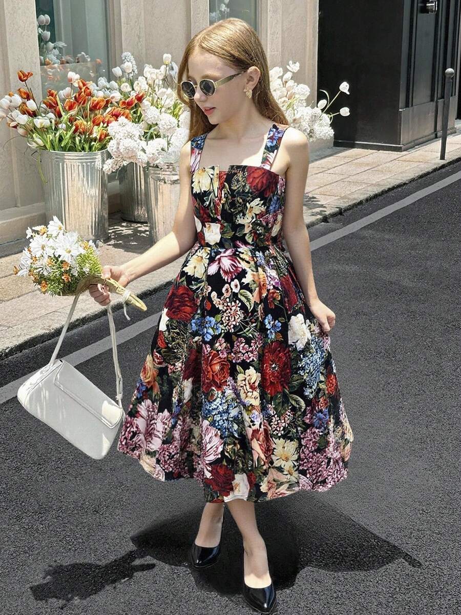 SHEIN Váy không tay in hoa ngẫu nhiên cho bé gái tuổi teen, phù hợp cho mùa hè/bãi biển - màu đen - Xem 1