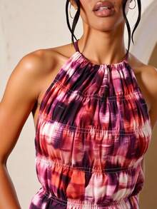 Hauture Summer Vacation Boho Print Shirred Halter Open Back Top - Multicolor - View 2