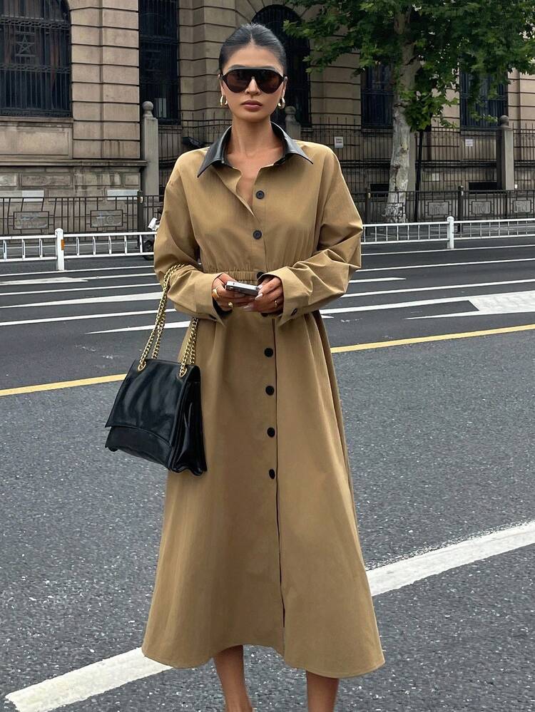Women's Contrast Color Lapel Long Sleeve Single-Breasted Casual Shirt Midi Dress