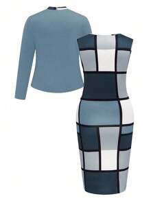 Plus Size Casual Colorblock Print Top & Dress Set Fall Cloth For Women - Multicolor - View 2