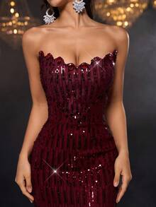 Glamrae 优雅奢华前卫红色亮片刺绣手工水晶珠钻石特殊波浪领口美人鱼下摆晚礼服、宾客礼服、仙女奢华礼服、正式礼服、连衣裙 - 紅色 - 查看 6
