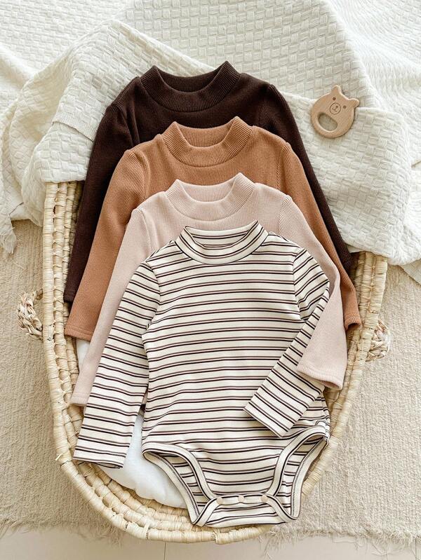 SHEIN 4件套新生儿男女宝宝休闲可爱针织条纹纯色长袖连体衣套装，男女通用婴儿服装，冬季中性色婴儿服装，棕色婴儿服装，摩卡色婴儿服装，婴儿中性色服装，新生儿秋季服装