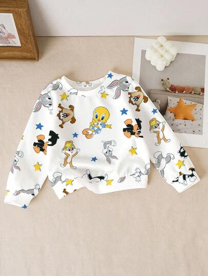 LOONEY TUNES X SHEIN Sudadera casual de niña bebé con estampado de dibujos animados y estrellas, para primavera/otoño