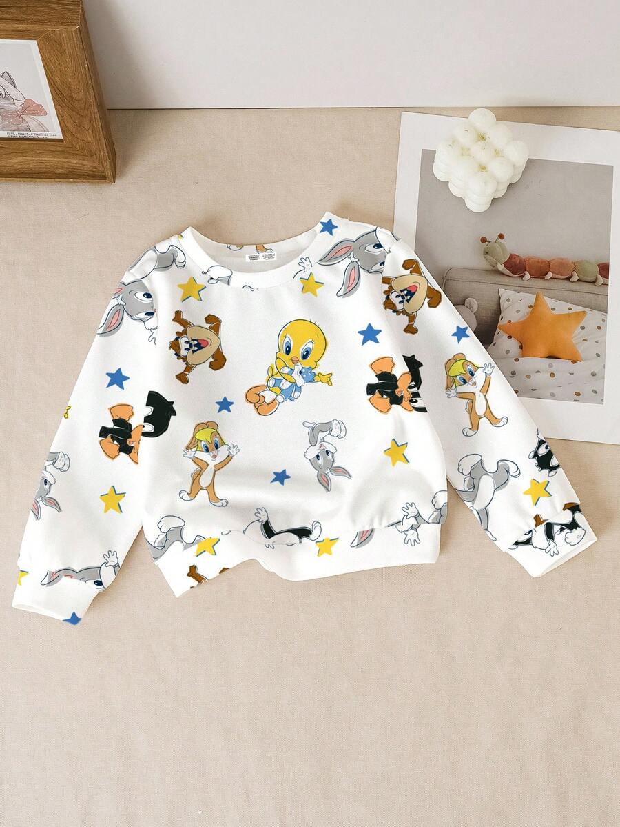 LOONEY TUNES X SHEIN Sudadera casual de niña bebé con estampado de dibujos animados y estrellas, para primavera/otoño - Blanco - Ver 1