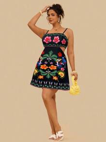 Travachic Plus Size Tropical Colorful Parrot Print Hollow Back Sleeveless Casual Summer Holiday Dress - Black - View 3