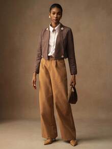 Vesra 纽扣装饰毛绒纹理面料不对称翻领长袖现代女式夹克 - 棕色 - 查看 4