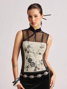 ROMWE Avant Chinese Neo-Traditional Style Beaded Embroidery Sheer Back Top For Women - Black - View 8