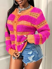 BamGleam Women's Long Sleeve Single-Breasted Casual Hollow Striped Knit Cardigan Fall Winter Cloth For Women