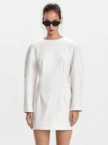 Lumivelle Elegant Casual Loose Long Sleeve Round Neck Mini Dress Fall Cloth For Women - White - View 4