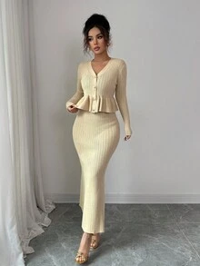 Elenzga 2pcs/Set Apricot V-Neck Ruffle Trim Cardigan And Long Dress Fall Winter Cloth For Women - Khaki - View 7