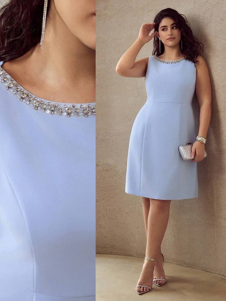 PLUS SIZE BEADED DECOR SLEEVELESS KNEE-LENGTH DRESS