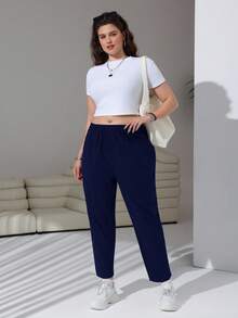 SHEIN EZwear Plus Size Casual Versatile Navy Blue Tapered Pants Plus Size Navy Blue Pants Plus Size Joggers Women Casual Pants Navy Blue Elastic Waist Pants Blue Plus Size Pants