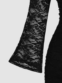 SHEIN Tween Girl Fitted Elegant Off Shoulder Lace Long Sleeve Snug Fit Dress Fall Winter - Black - View 3